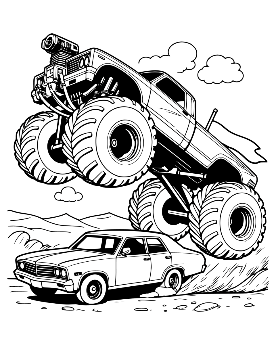 Monster truck esmagando um carro para colorir