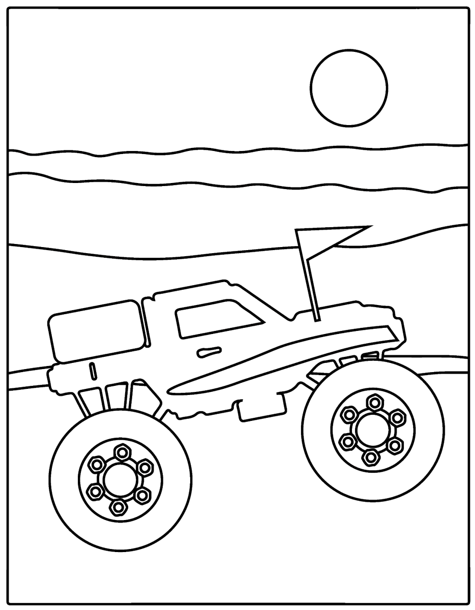 Monster truck no deserto ao pôr do sol para colorir