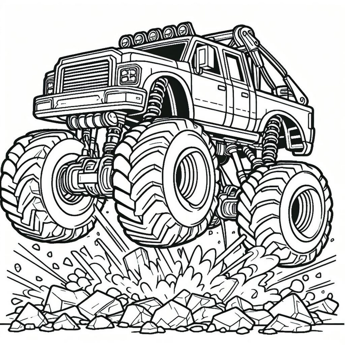 Monster truck passando pelas pedras para colorir