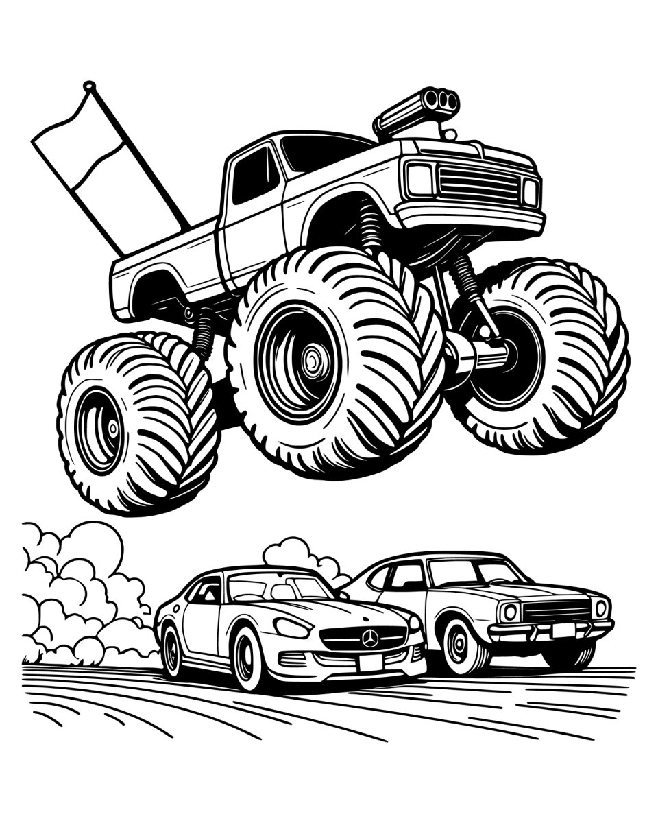 Monster truck pulando sobre o carro de corrida para colorir