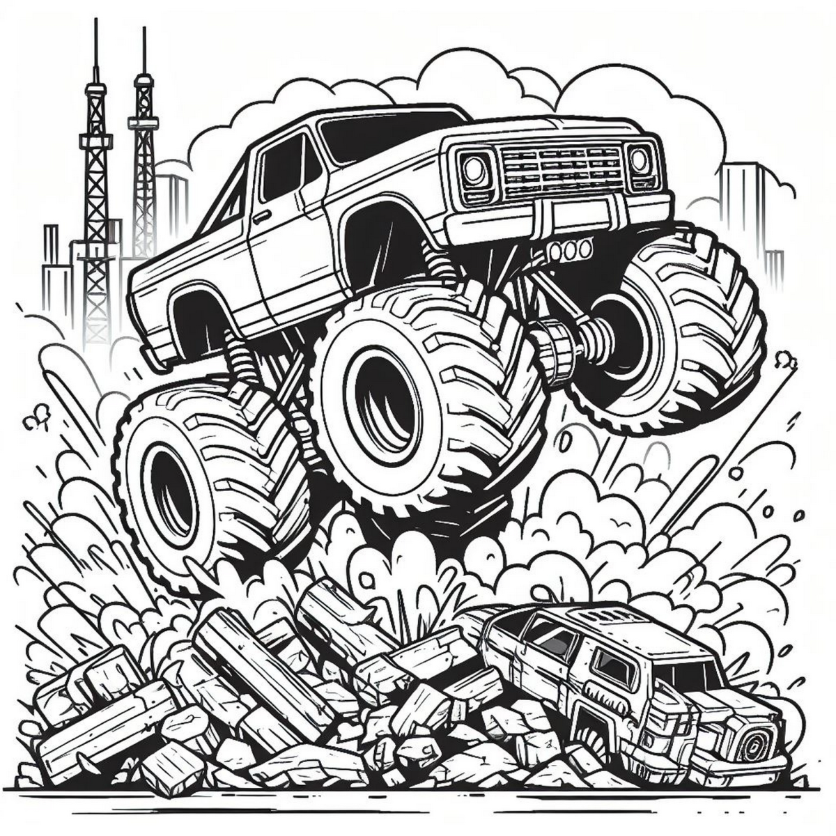Monster truck saltando sobre os carros para colorir