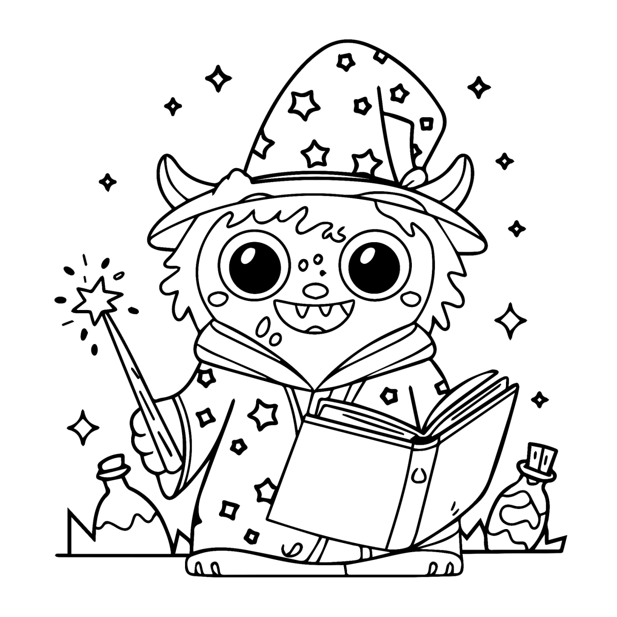 Monstrinho peludo com chapéu de mago e livro de feitiços para colorir