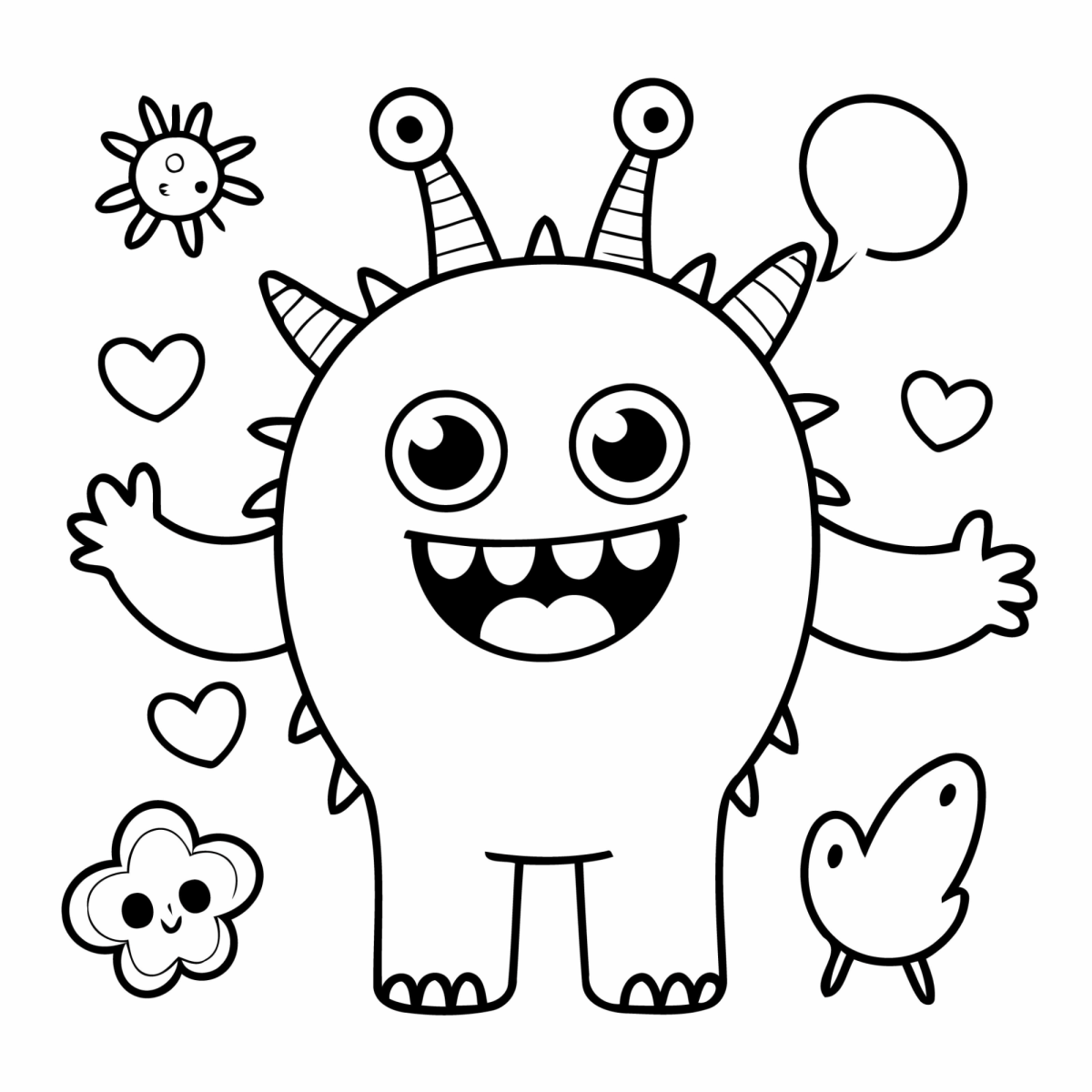 Monstro de três olhos com corações para colorir