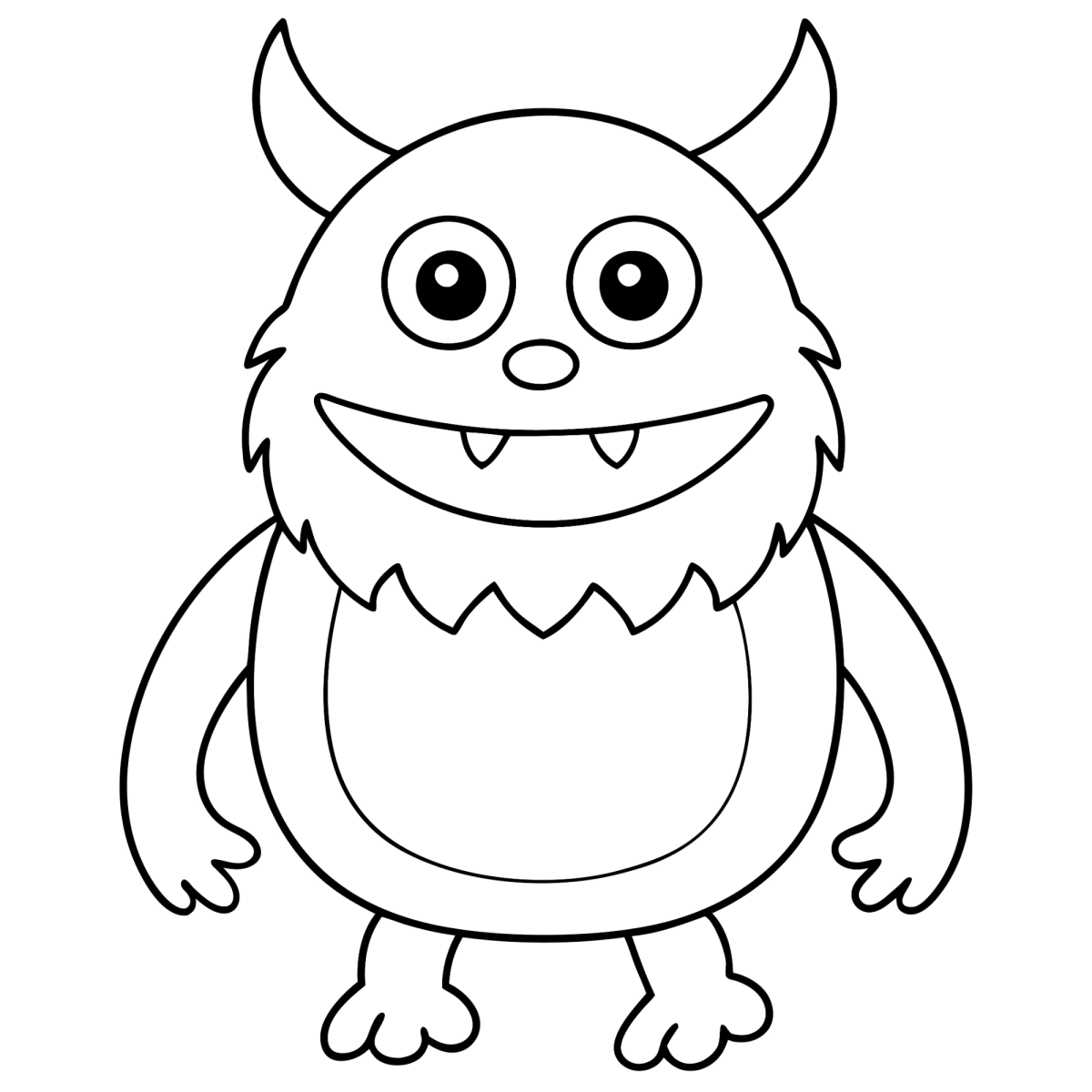 Monstro peludo de chifres sorrindo para colorir