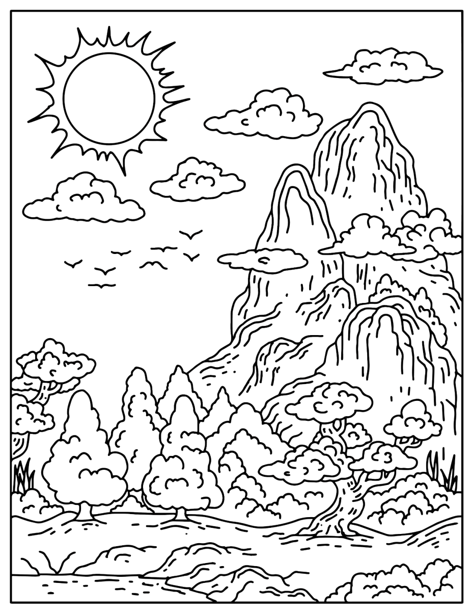 Montanha nevada com floresta de pinheiros para colorir