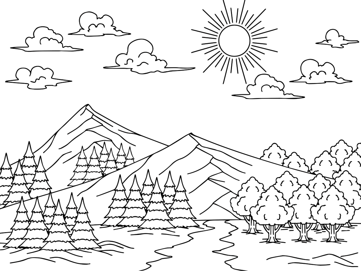 Montanhas com lago e pinheiros ao sol para colorir