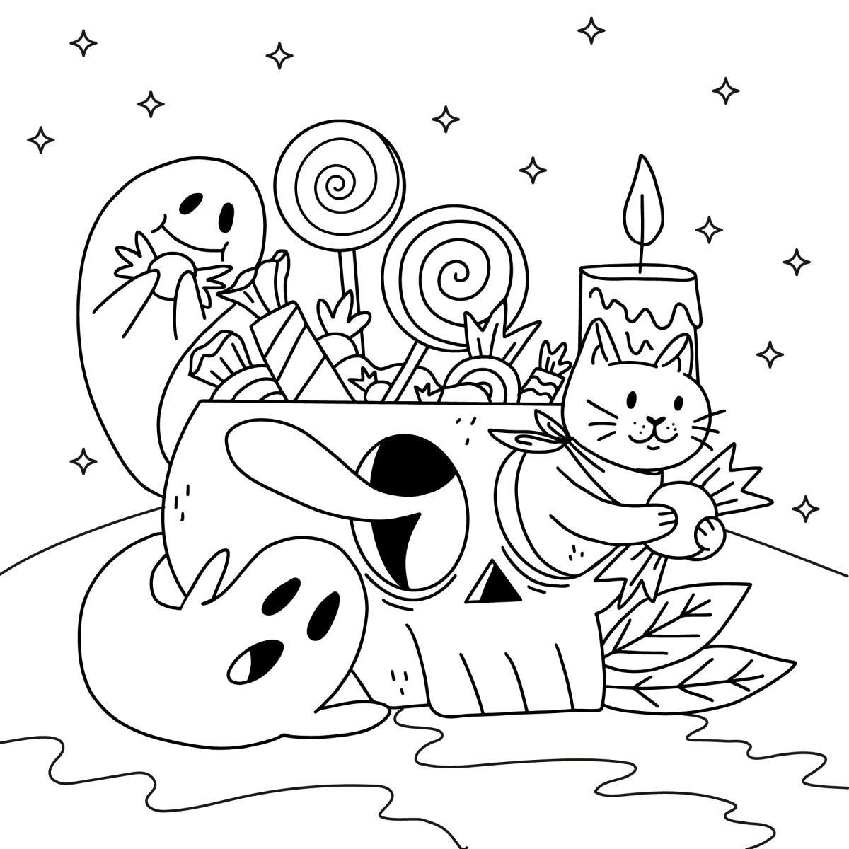 Monte de doces, balas e pirulitos de Halloween para colorir