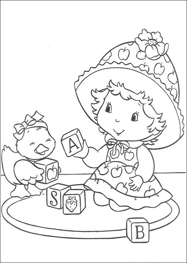 Moranguinho bebê brincando com cubos e patinho para colorir