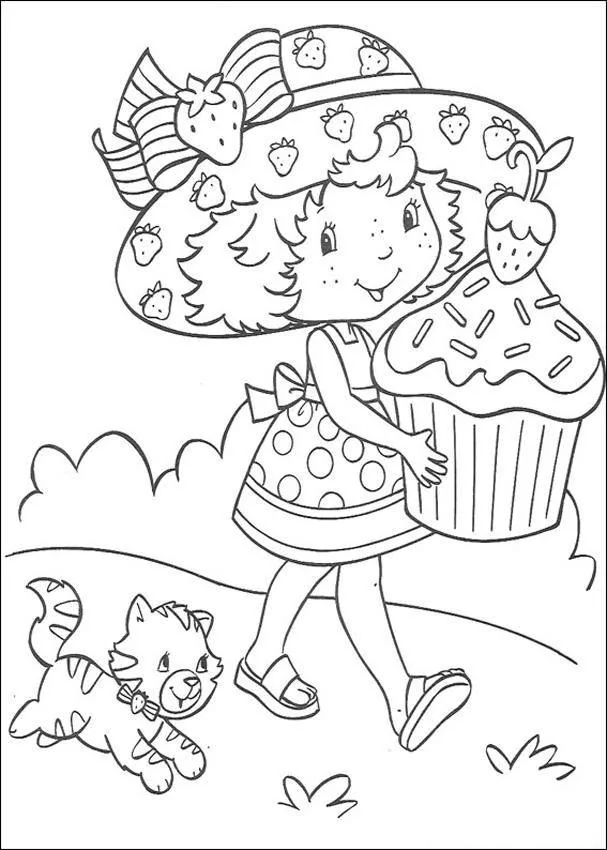Moranguinho carregando cupcakes com o gatinho para colorir