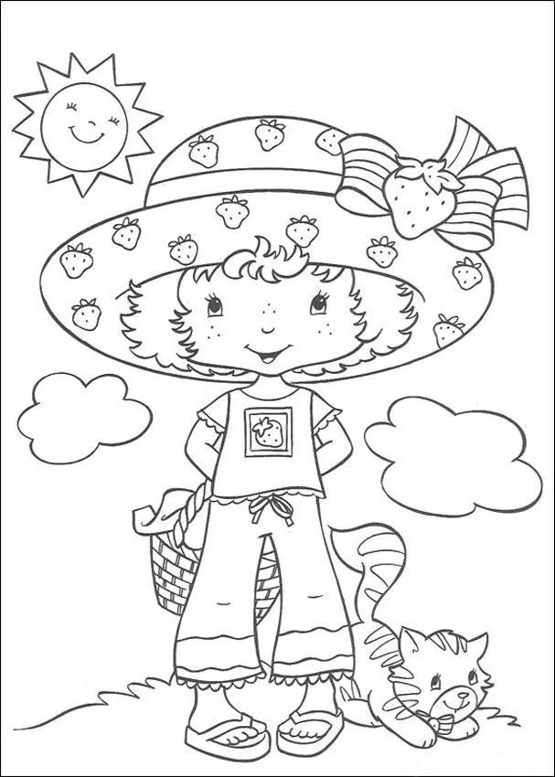 Moranguinho com cesta de flores e o gatinho ao sol para colorir