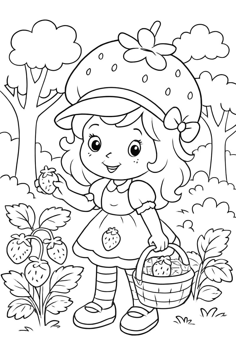 Moranguinho com cesta de morangos na floresta para colorir