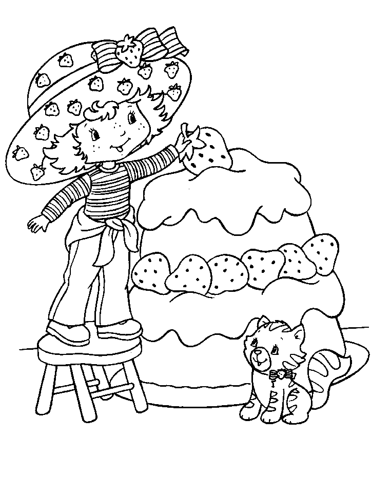 Moranguinho decorando um bolo de morango gigante para colorir