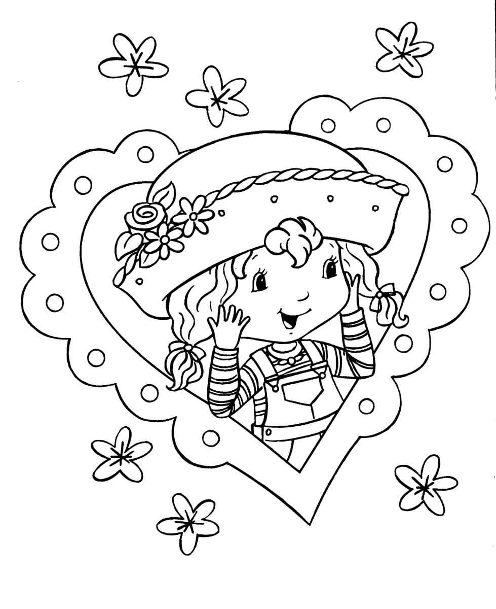 Moranguinho dentro de um coração com florzinhas para colorir
