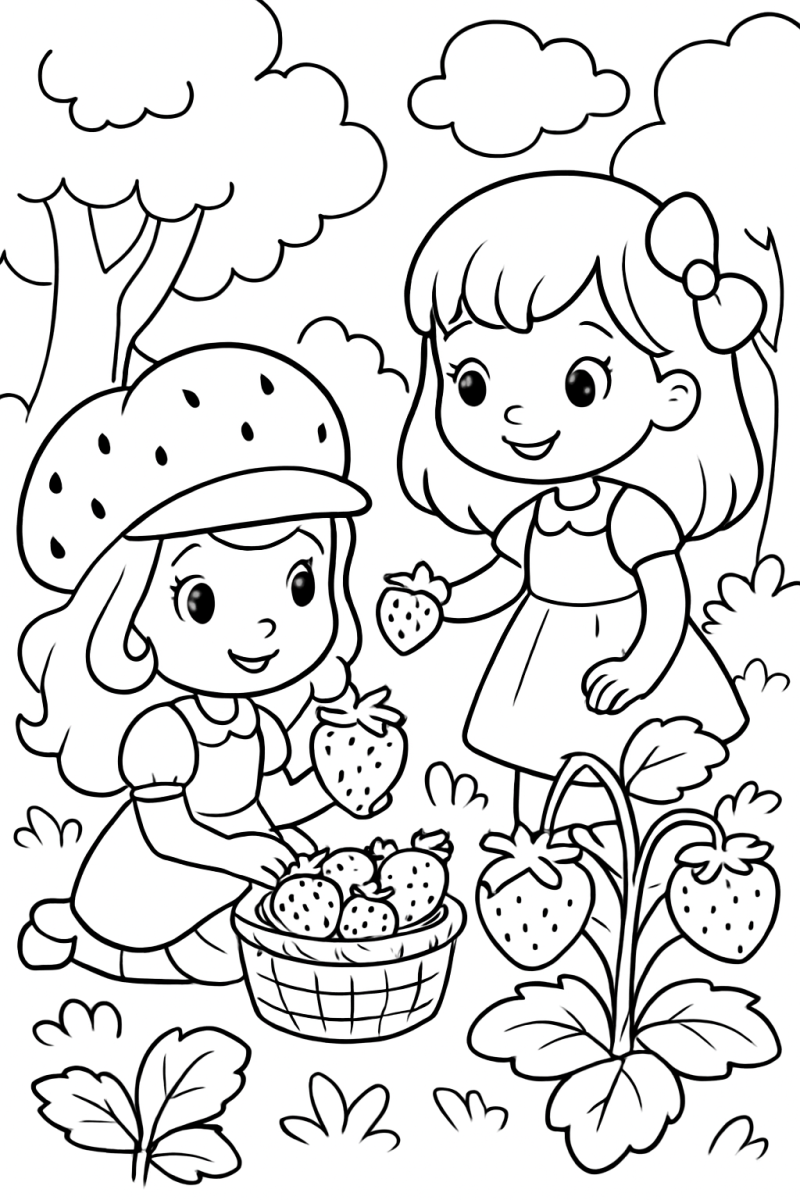 Moranguinho e amiga colhendo morangos no campo para colorir