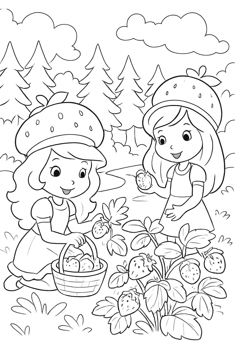 Moranguinho e amiga com cestas na plantação de morangos para colorir