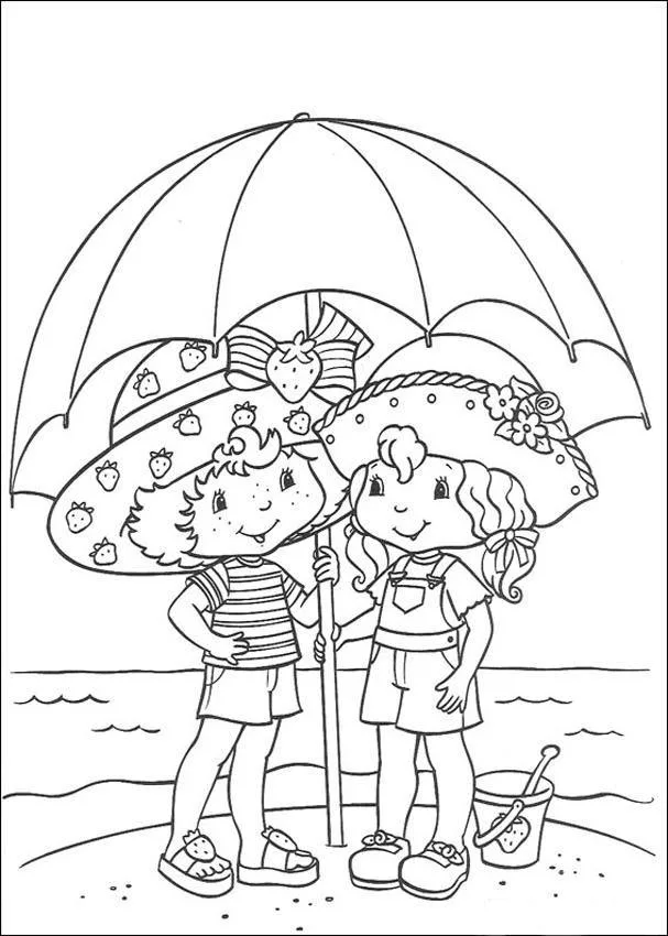 Moranguinho e amiga debaixo do guarda-chuva para colorir