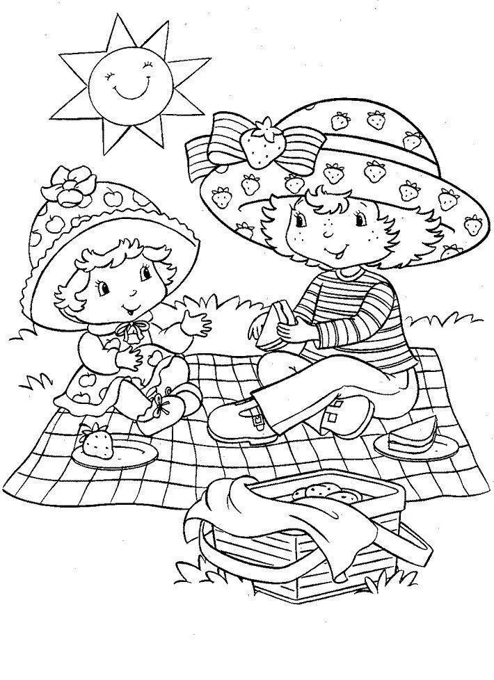 Moranguinho e amiga fazendo piquenique para colorir