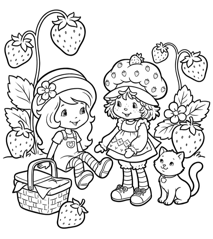 Moranguinho e Laranjinha com cestas e um gatinho para colorir