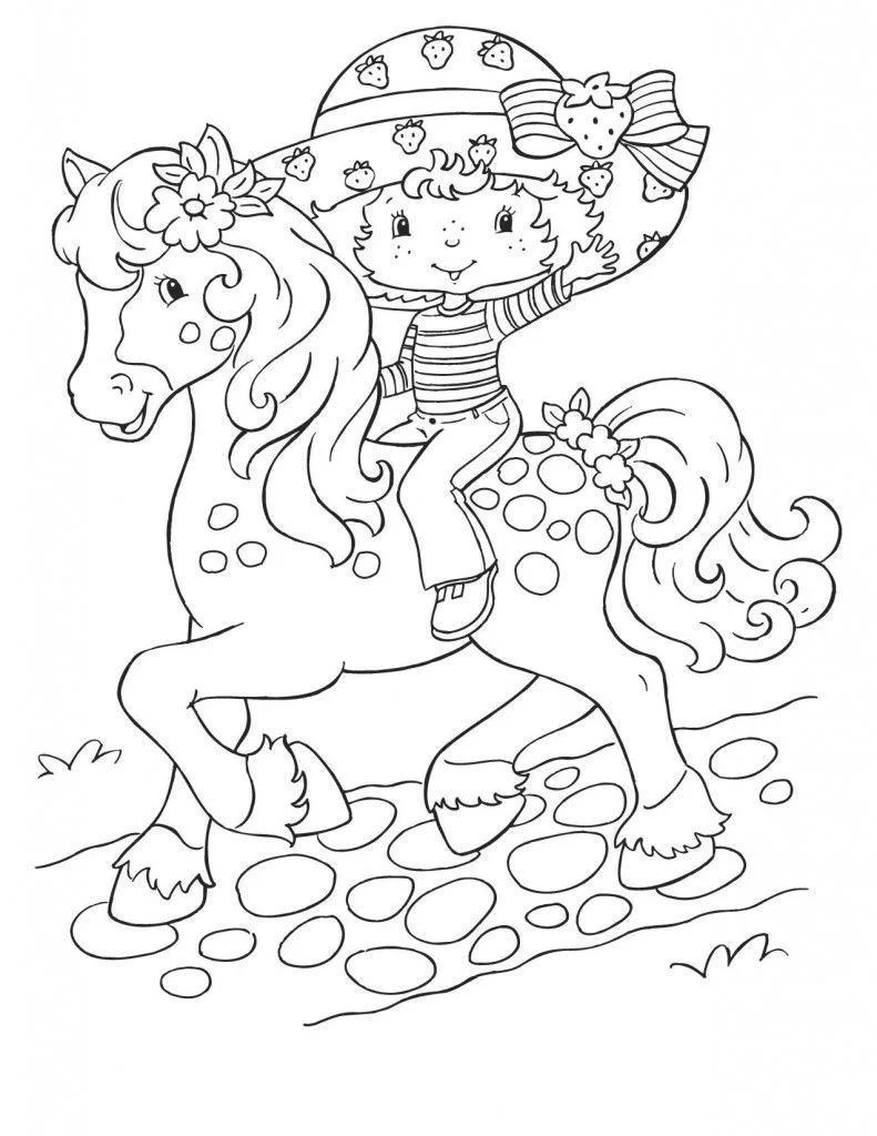 Moranguinho montada no cavalinho saltitante para colorir
