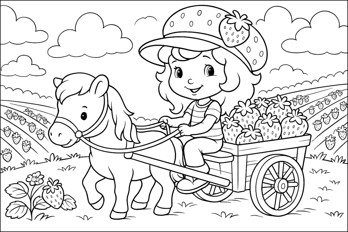 Moranguinho passeando na carroça puxada por pônei para colorir