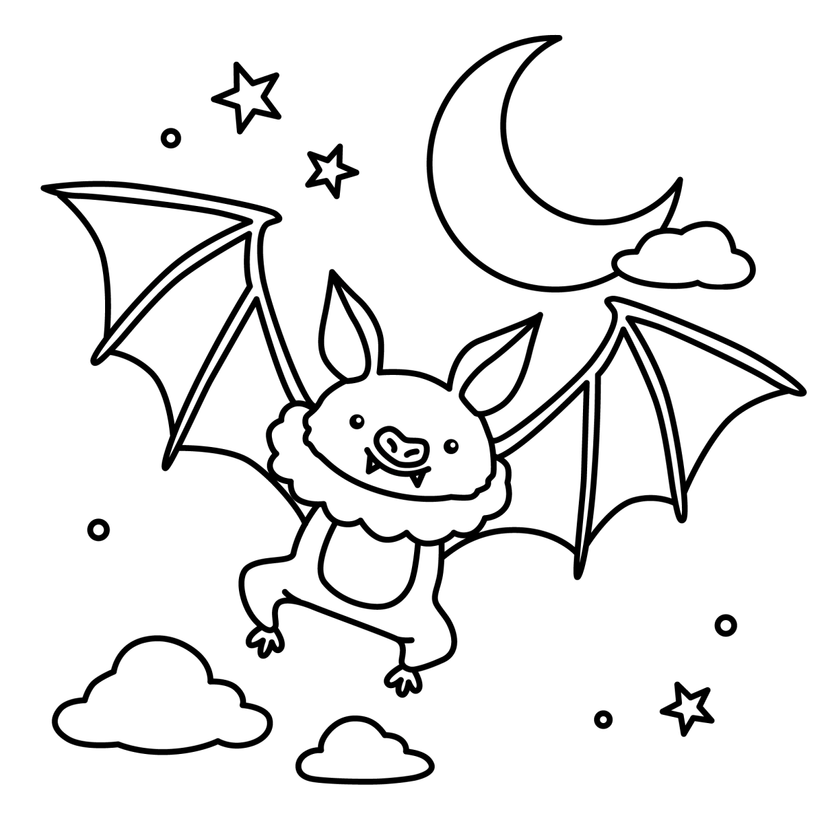 Morcego sorridente sob a lua e as estrelas para colorir