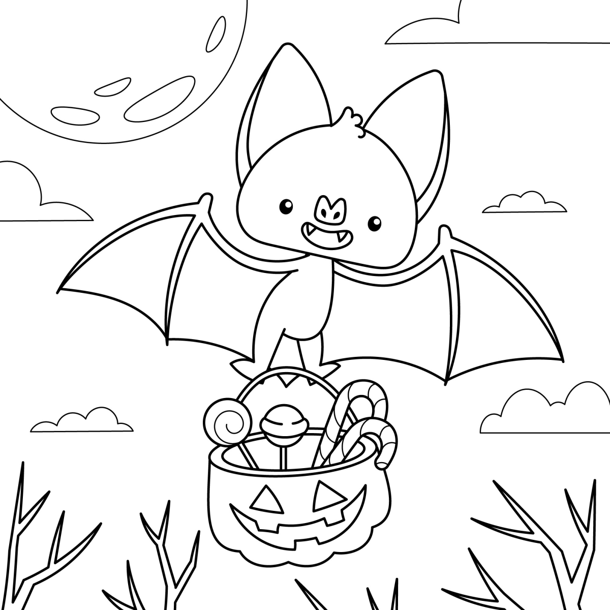 Morceguinho com balde de doces no cemitério para colorir