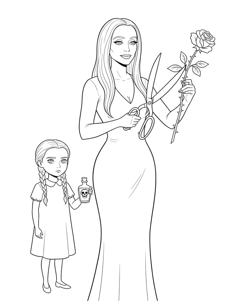 Morticia segurando uma rosa para colorir