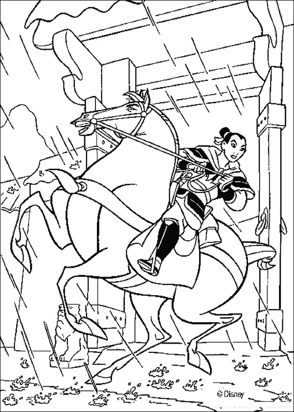 Mulan cavalgando com Khan pela floresta para colorir