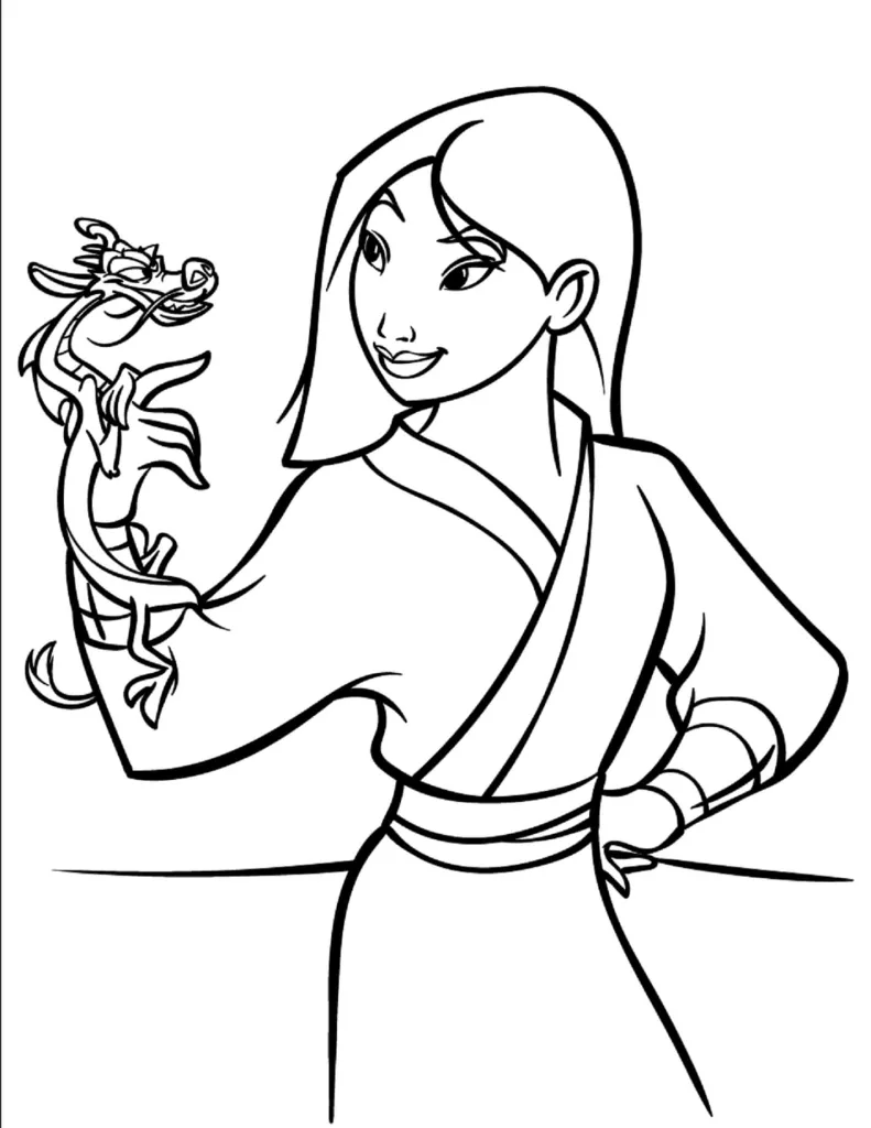 Mulan com a mão na cintura segurando Mushu para colorir