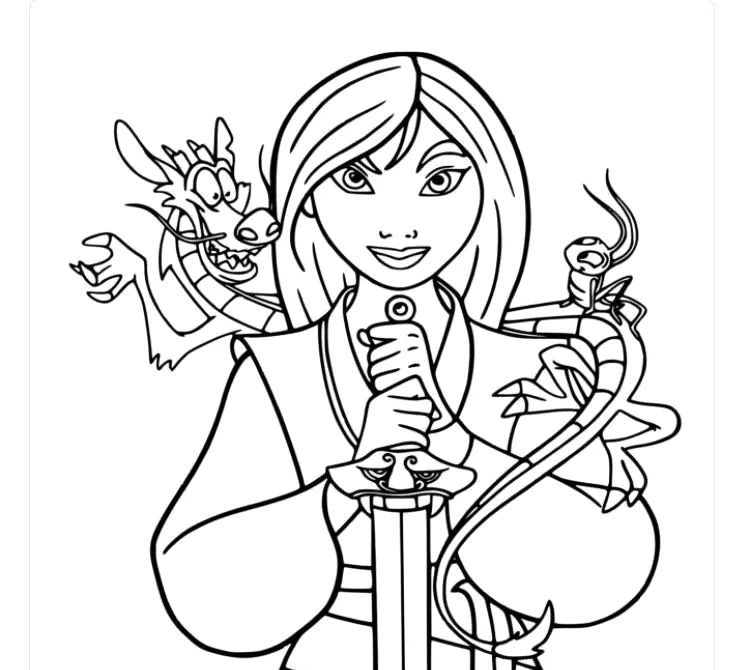 Mulan com Mushu e Cri-Kee segurando a espada para colorir