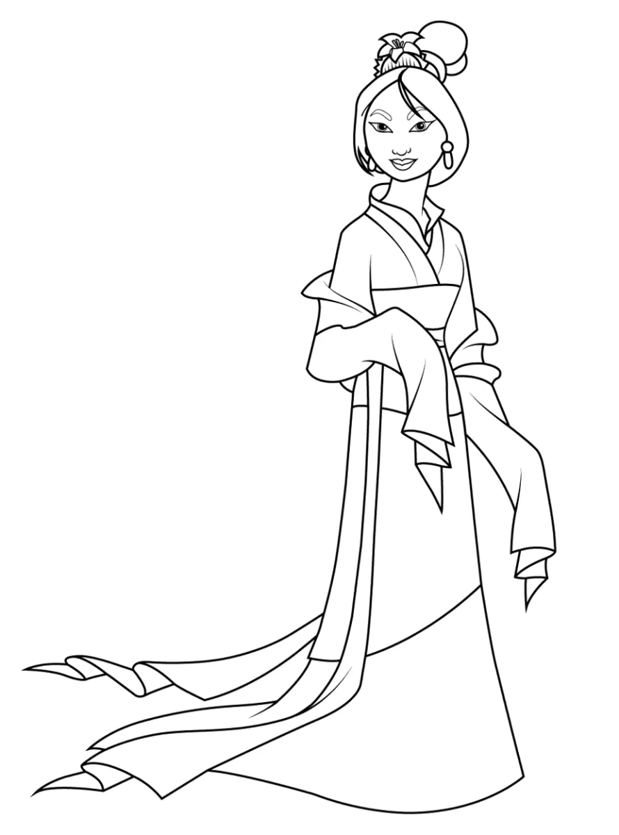 Mulan com o cabelo preso e flor para colorir
