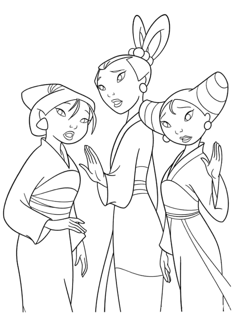 Mulan com os soldados disfarçados de damas para colorir