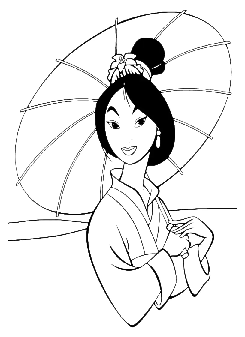 Mulan com sombrinha chinesa para colorir