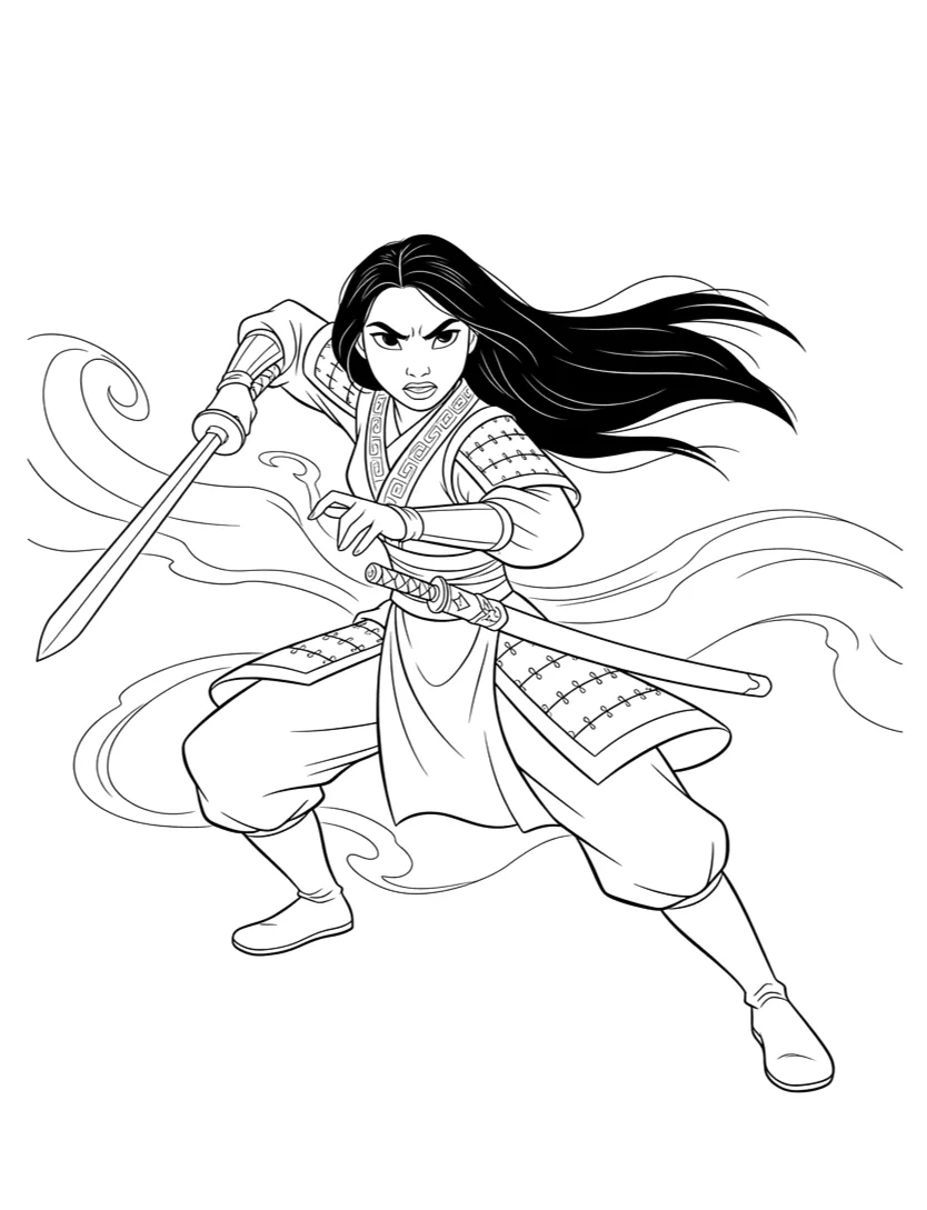 Mulan correndo com a espada em punho para colorir