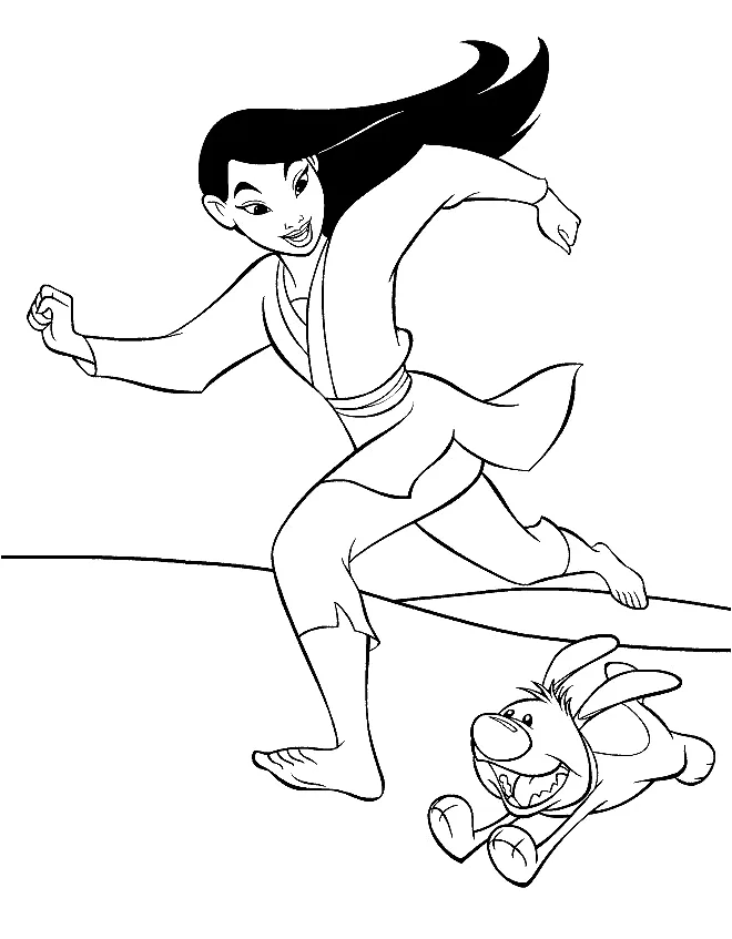 Mulan correndo com Cri-Kee para colorir