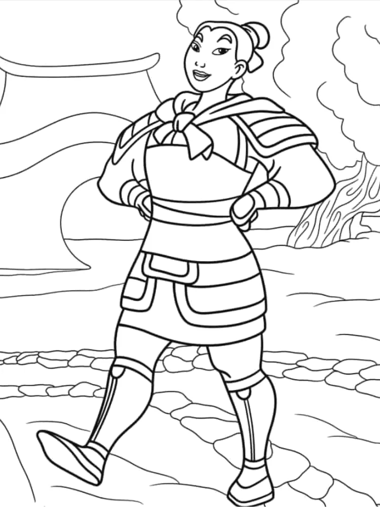 Mulan de armadura em pé para colorir