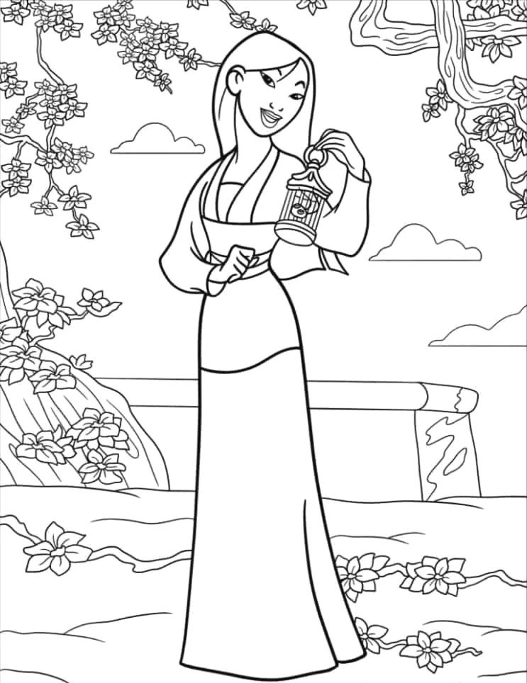 Mulan de armadura no jardim do templo para colorir