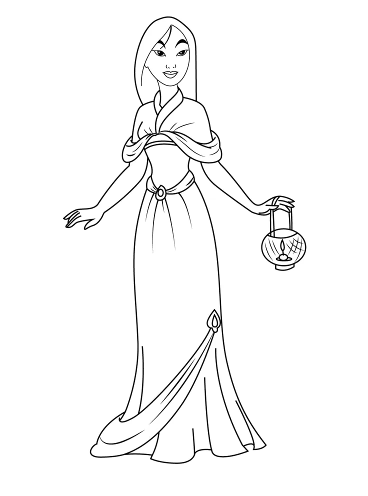 Mulan de vestido com o pente de flor para colorir