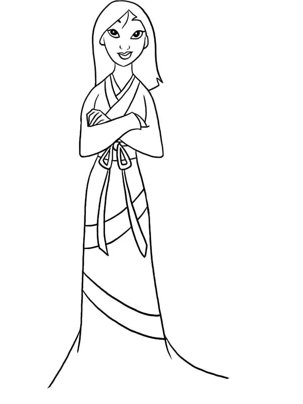 Mulan de vestido com os braços cruzados para colorir
