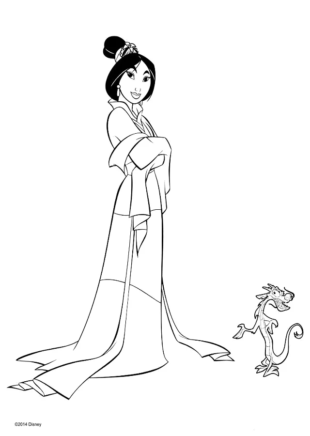 Mulan de vestido e leque na mão para colorir