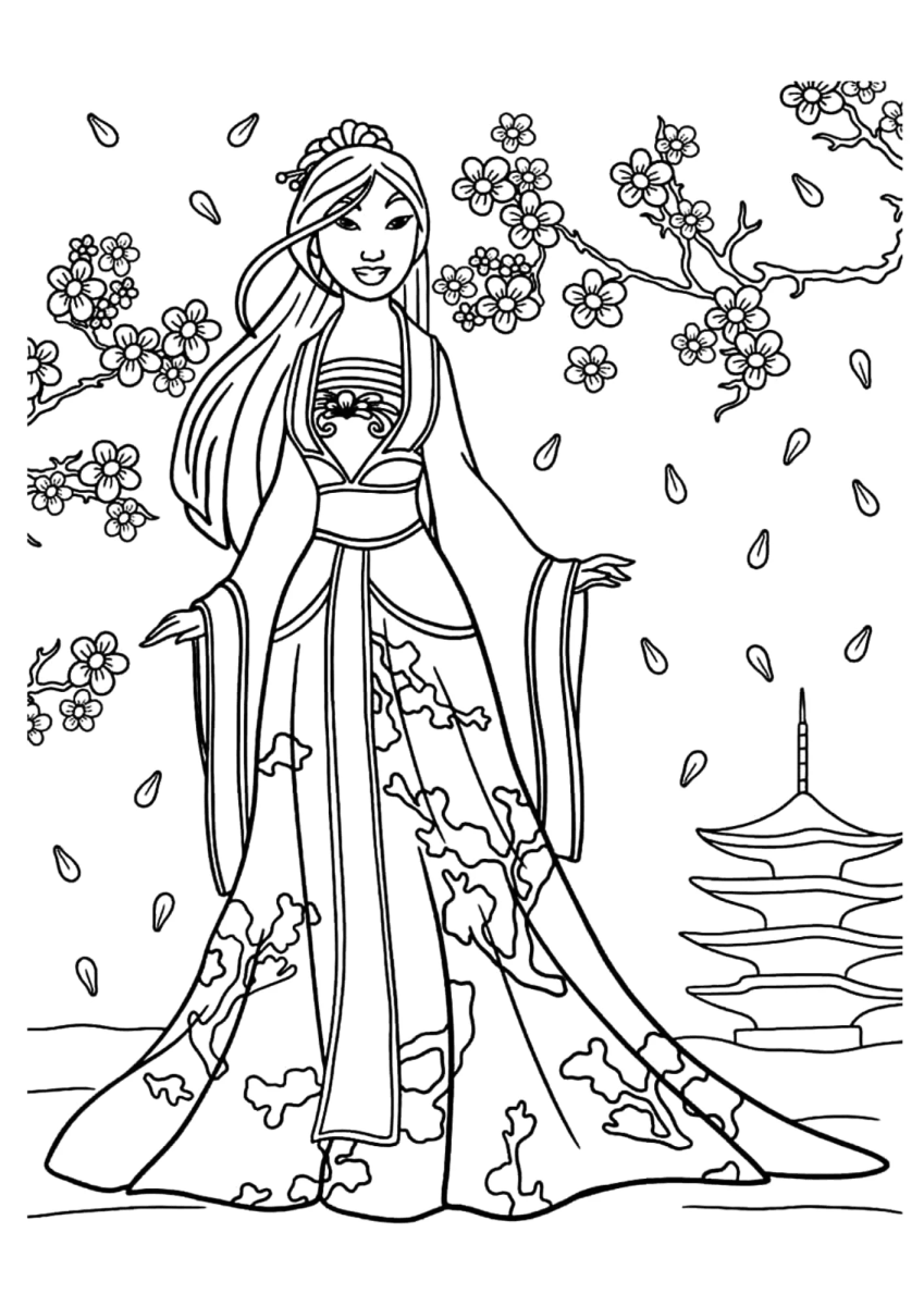 Mulan de vestido elegante com flores de cerejeira para colorir