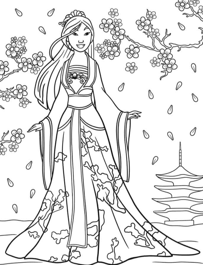Mulan de vestido entre flores de cerejeira para colorir