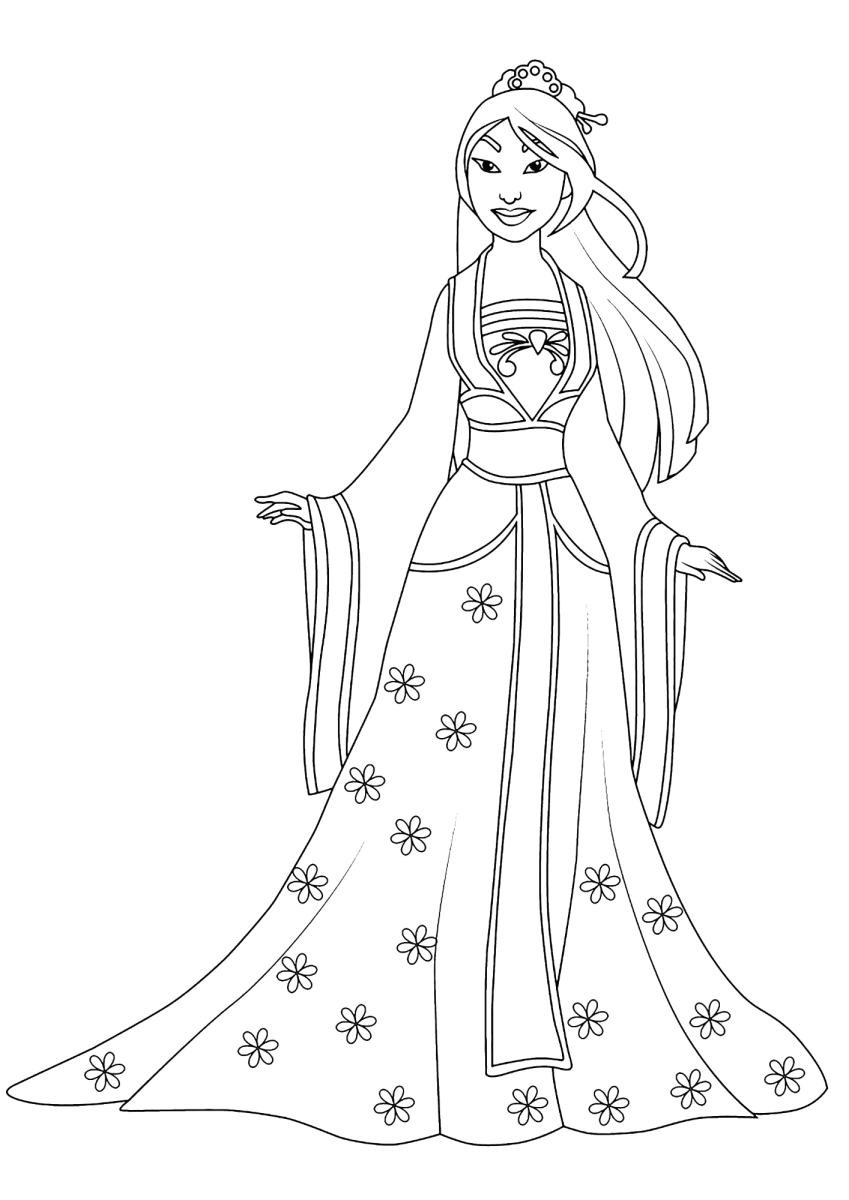 Mulan de vestido longo com flores para colorir