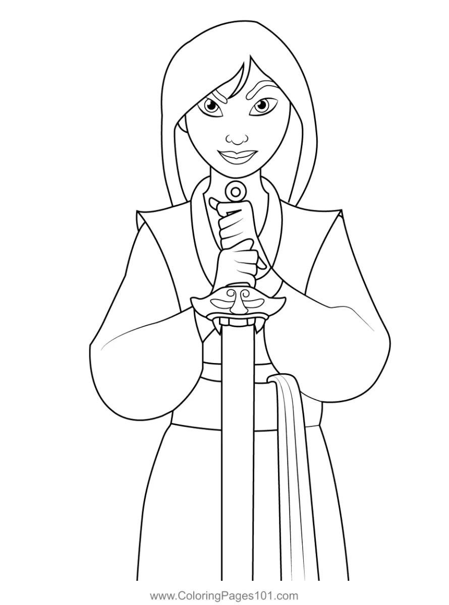 Mulan de vestido segurando um leque para colorir