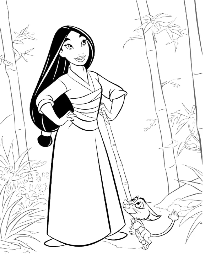 Mulan de vestido tradicional com o grilo Cri-Kee para colorir