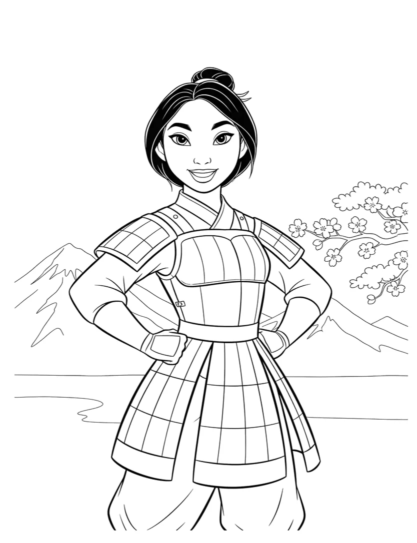 Mulan disfarçada de soldado Ping para colorir