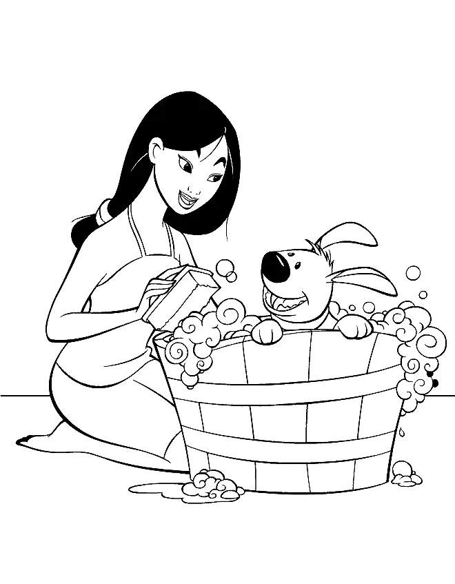 Mulan e Cri-Kee à beira da bacia de água para colorir