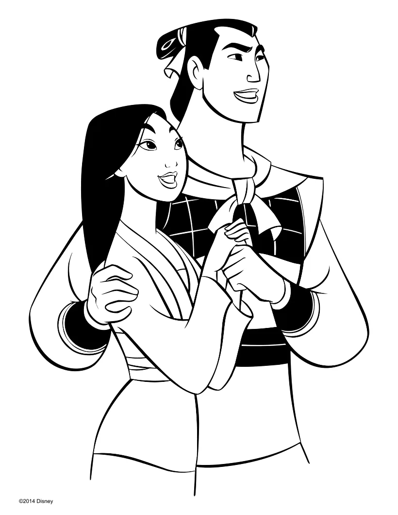 Mulan e Li Shang abraçados para colorir