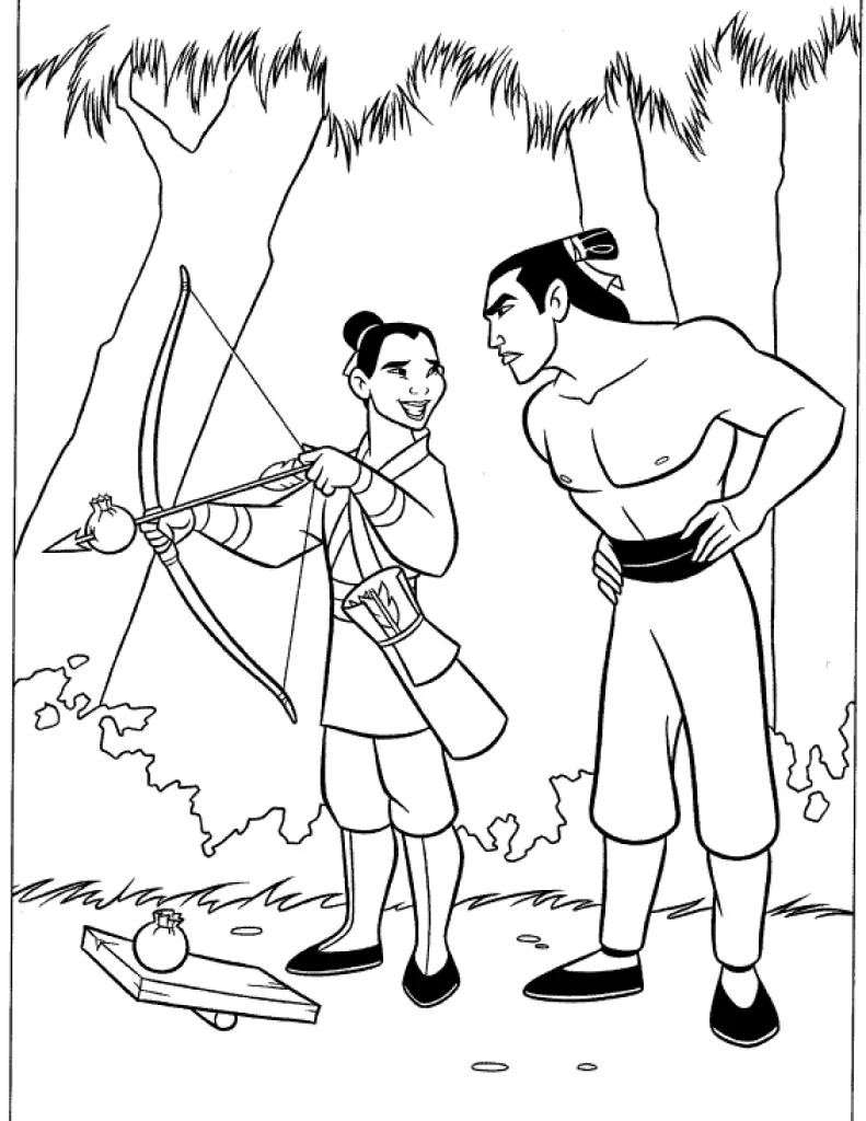 Mulan e Li Shang no acampamento para colorir