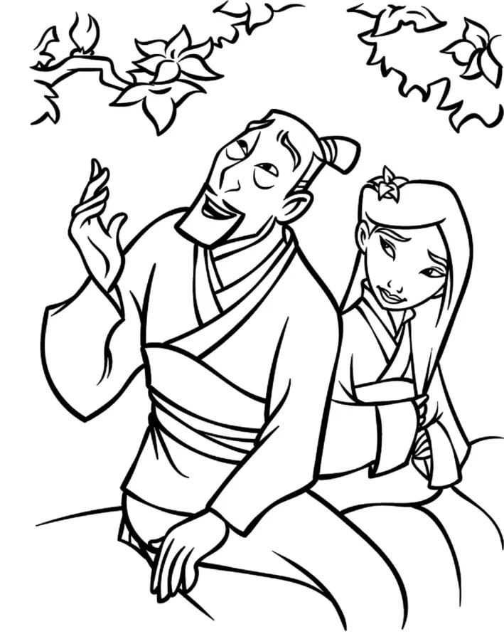 Mulan e Li Shang sentados conversando para colorir